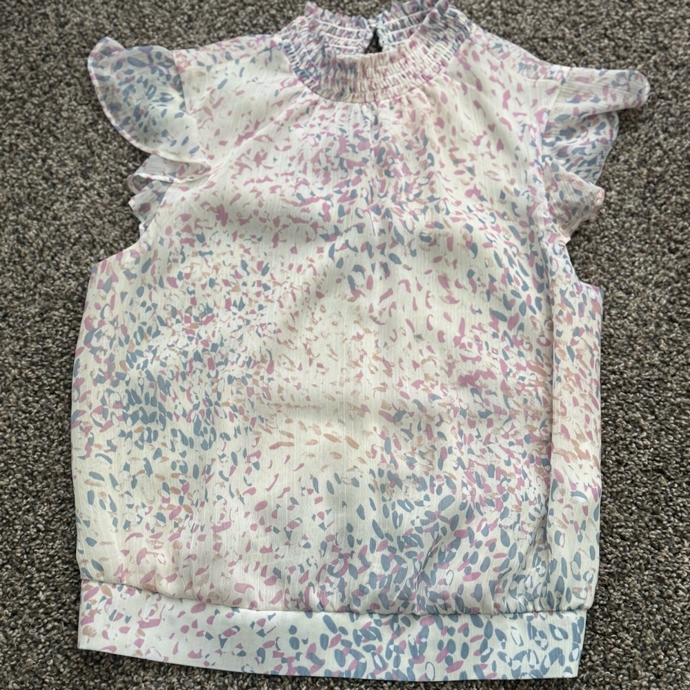 Express Pink and Blue Blouse with Sheer Fabric and High Neckline